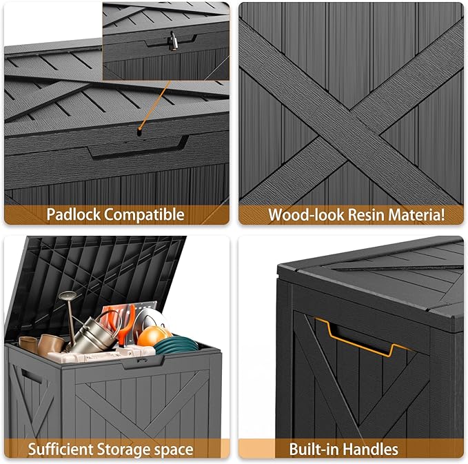 Vixzen 32 Gallon Outdoor Deck Box,Lockable Resin Waterproof Storage Box,UV Resistant,Weather Resistance,Outside Storage Bin for Gardening Tools,Pool Supplies,Black