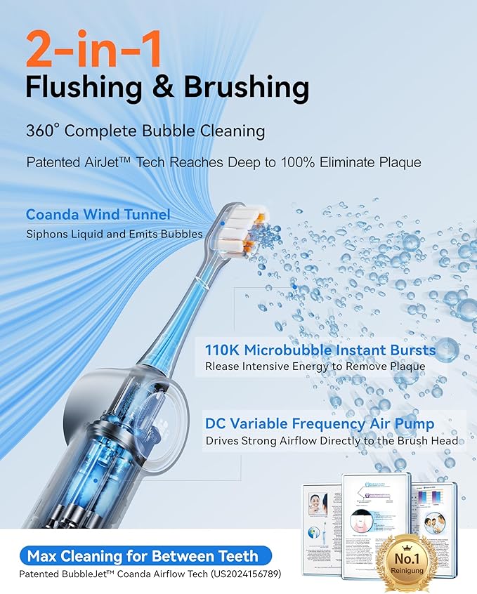 RANVOO [Vibrating & Flossing 2-in-1 AirJet Bubble Sonic Electric Toothbrush, 100% Plaque Removal, Whiter for Adult Protect Gum Orthodontic Teeth Clean Rechargeable Gift with 2 Soft Brush Heads White