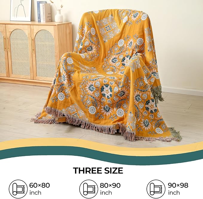 Boho Throw Blanket for Bed,100% Cotton Ultra Soft Lightweight Muslin 4-Layer Breathable Woven Throws 60''x 80'' Blanket Yellow Floral Printed Farmhouse Decor Bed Blankets