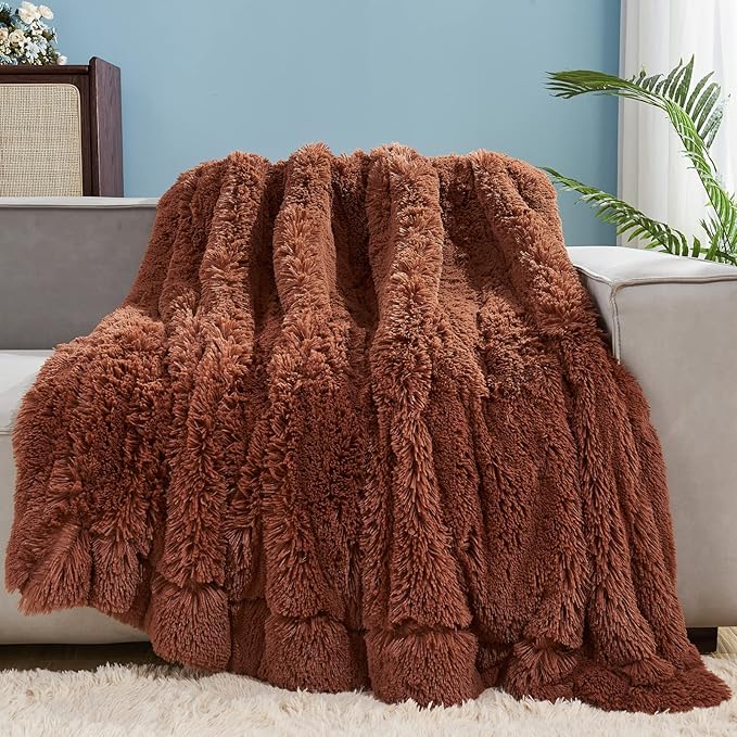 GONAAP Fuzzy Faux Fur Throw Blanket Twin Size Coffee Super Soft Cozy Plush Fuzzy Shaggy Blanket for Couch Sofa Bed (Coffee, Twin(60"x80"))