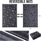 OLANLY Waterproof Outdoor Rug 9x12 ft, Outdoor Plastic Straw Rug with Flower Pattern, Reversible RV Mat for Patio, Camping, Balcony, Deck, Backyard, Black & Grey