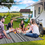GAOMON Outdoor Plastic Straw Rug, 10'x14' Reversible Sage Green Patio Mat, Flower Modern Design for RV, Backyard, Deck, Camping, Picnic, Black/White(Bohemia)