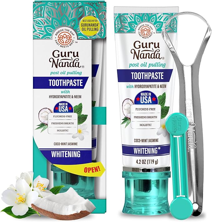 GuruNanda Hydroxyapatite Toothpaste, SLS & Fluoride Free, Whitening Toothpaste - Freshens Breath, Fights Plaque - Natural CocoMint Jasmine Neem, 4.2oz