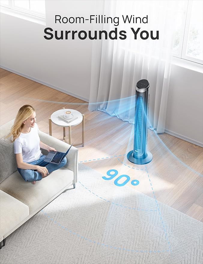 Dreo Tower Fan for Bedroom, 90° Oscillating Fans that Blow Cold Air, 5 Speeds, 4 Modes with 26ft/s Velocity, 12H & 28dB Quiet Timer, Remote, Touch, 40" Standing Floor Fan for Home Office, Black