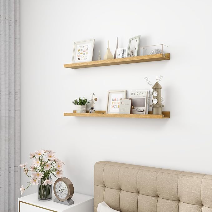 Picture Ledge Shelf, Wood Floating Shelves Set of 2, 36 inch Picture Ledge Shelves, Photo Ledge Nursery Book Shelves Wall Mounted for Living Room Kids' Room Bedroom, Color Oak