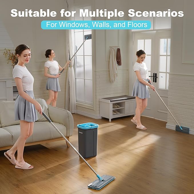 JOYMOOP Mop and Bucket Set with Wringer, with 5 Reusable Microfiber Mop Pads, Mops for Floor Cleaning and Wall Cleaning, Hands-Free Flat Mop for Home Use - Grey+Cyan Blue