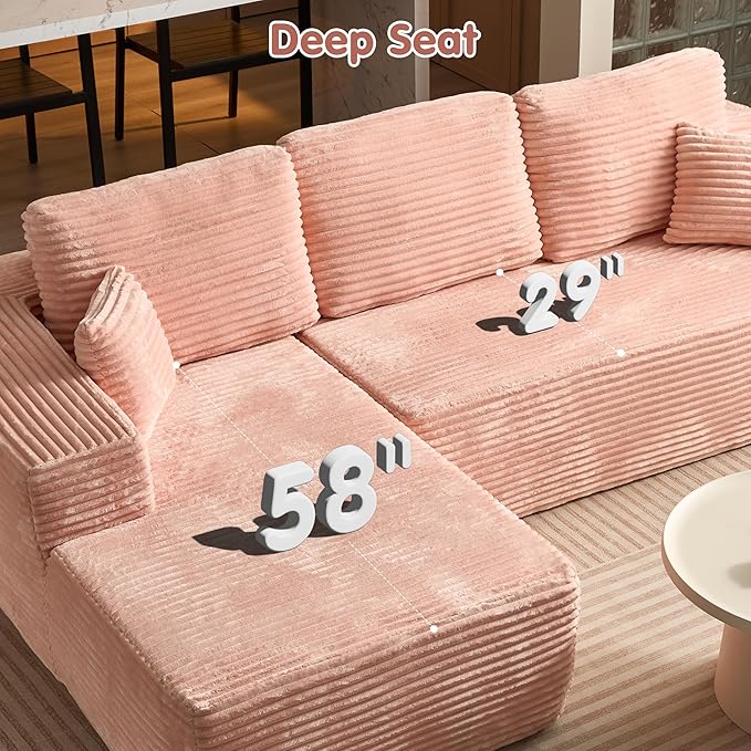 ovios 104" Cloud Sectional Couch with L-Shape Chaise,Modern Modular Sofa with Deep Seat, Upholstered Couches for Living Room Bedroom,No Assembly Required, Pink (Plush Corduroy Fabric)