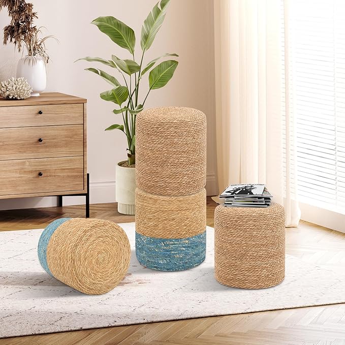 Pouf Ottomans, Handwoven Natural Straw Footstool, Round Braided Outdoor Patio Stool with Wood Frame, Boho Decor Accent Seat Balcony, or Garden (Natural)