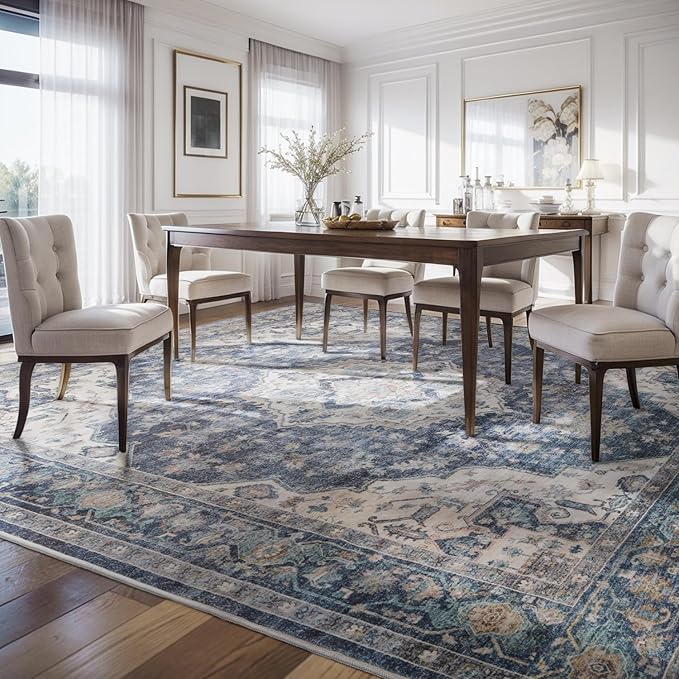 AMOAMI-Area Rug 8X10 Rugs for Living Room-Vintage Soft Blue Rugs for Bedroom-Non Slip Carpet-Washable Rug for Dining Room Living Room Bedroom Office Under Table