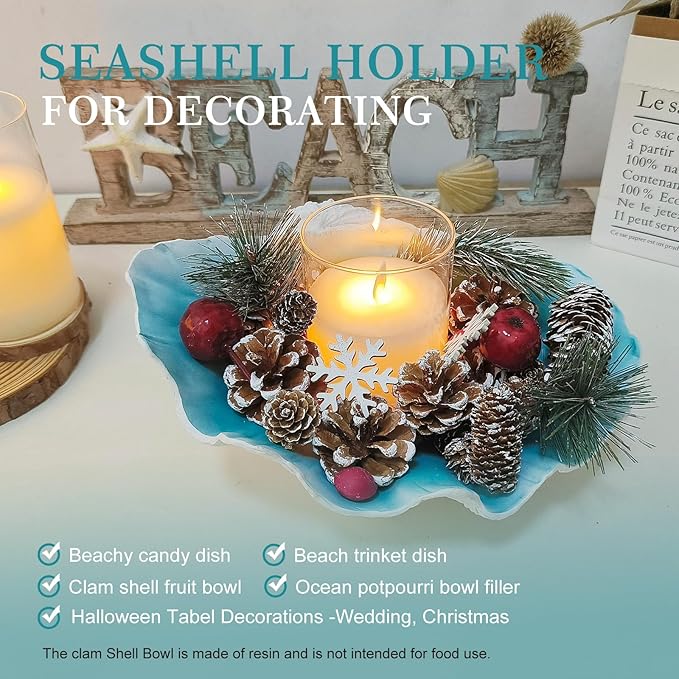 Large Turquoise-Aqua blue Sea Shells Decorative Bowl Resin Clam Shell Bowl Beach Decorations for Home Coastal Beach Decor Decoration Storage Bowls & Home Office Nautical Themed Party Decor -10.2-1PC