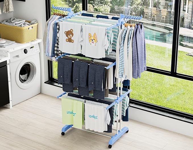 HOMIDEC Clothes Drying Rack, Large 4-Tier Foldable Drying Rack Clothing(67.7H x 19.7W x 30L Inches), Movable Drying Rack with 4 castors. Multifunctional Stainless Steel Laundry Drying Rack, Blue