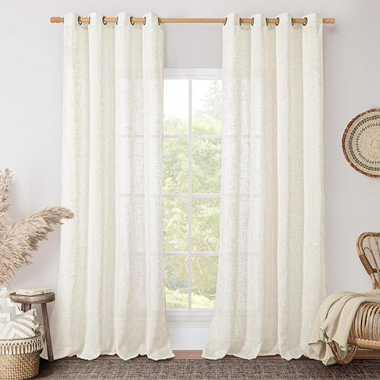LAMIT Living Room Linen Curtains 95 Inch for Bedroom, Bronze Grommet Linen Textured Sheer Curtains Light Filtering Burlap Panels for Farmhouse, 2 Panels, 52 x 95 Inch, Cream