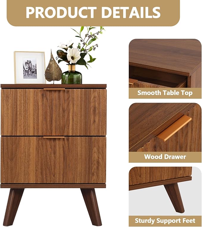 Fluted Nightstand Set of 2, Mid Century Modern 2 Drawer Dresser for Bedroom, Small Dresser Night Stand Side Table End Table with Wood Fluted Drawer Storage for Bedroom Closet(Walnut)