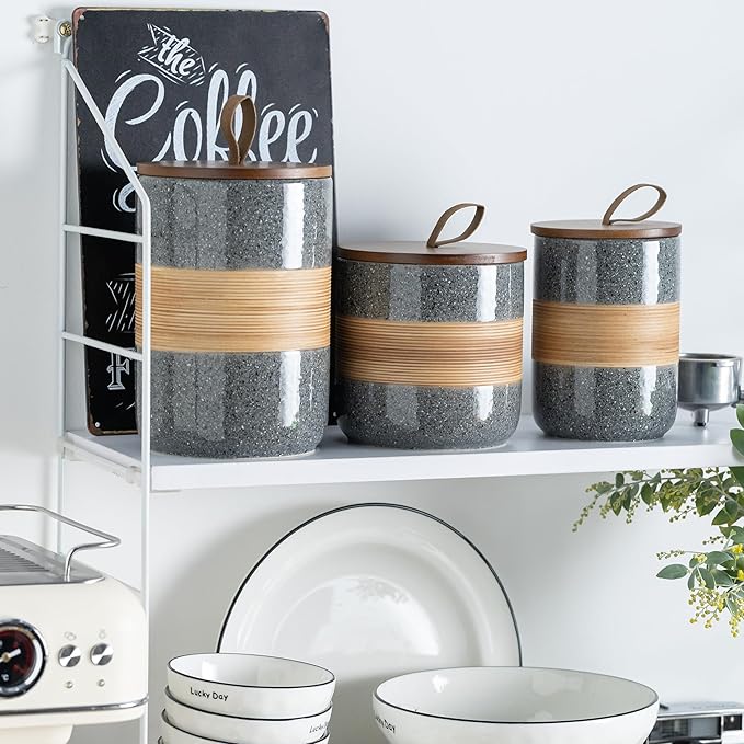 Large Storage Containers with Lids, Ceramic Coffee Container Kitchen Food Storage Cookie Jars with Airtight Lid for Spice Sugar Tea Bag, Stackable Decorative Jars for Counter, Grey & 61oz