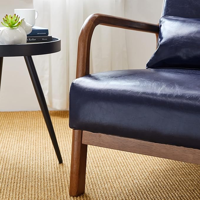 Glitzhome 2 Set Mid Century Navy Blue Accent Armchair, Single Reading Armchair PU Leather Lounge Chair with Walnut Ruberwood Frame