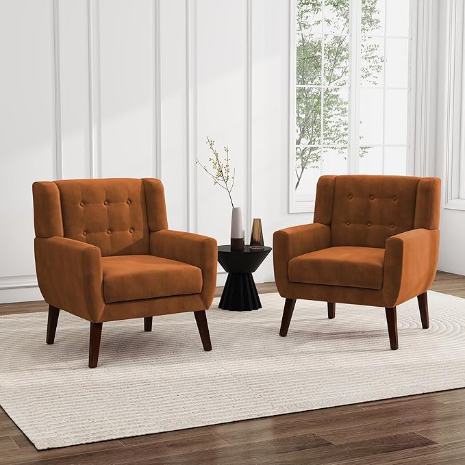 UIXE Accent Chairs Set of 2, Velvet Upholstered Armchair for Living Room, Modern Club Arm Chairs Comfy Single Sofa Button Tufted Bedroom Reading Seat - Orange