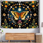 Delur Butterfly Moon Flower Tapestry Botanical Floral Plant Boho Tapestry Wall Hanging Mandala Aesthetic Mushroom Retro Vintage Headboard for Bedroom Living Room Home Decor (70.8" x 92.5")