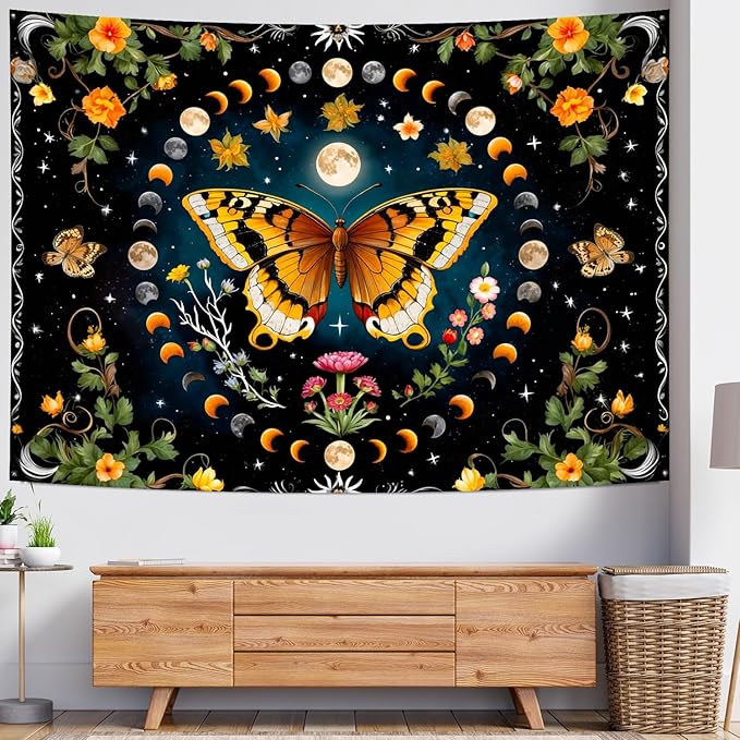 Delur Butterfly Moon Flower Tapestry Botanical Floral Plant Boho Tapestry Wall Hanging Mandala Aesthetic Mushroom Retro Vintage Headboard for Bedroom Living Room Home Decor (59.1" x 78.7")
