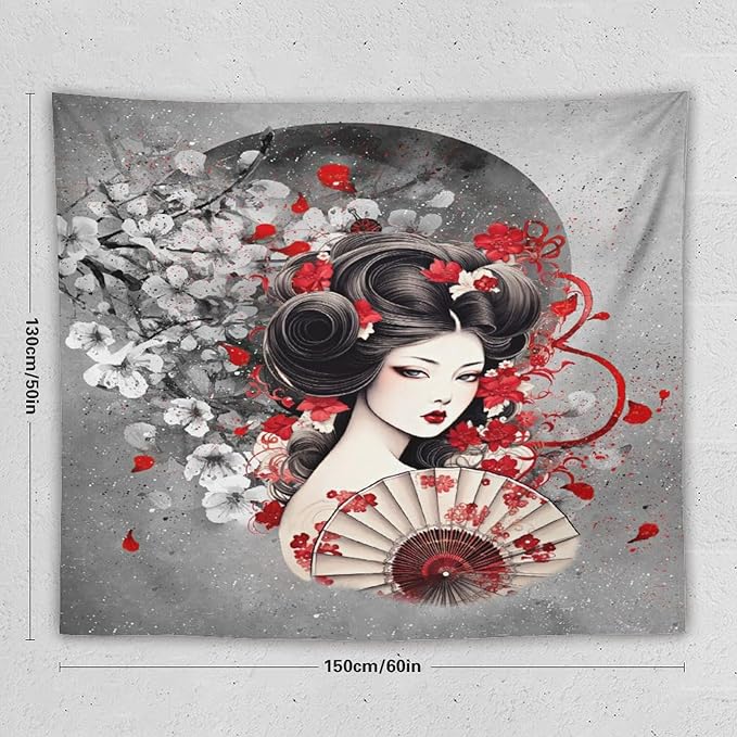 Japanese Geisha Tapestry Asian Red Cherry Blossom Red Sun Traditional Kimono Folk Tapestries Home Decor for Living Room Bedroom Apartment Farmhouse Dorm 60"x50"