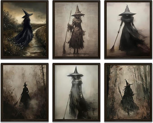 LANCHI95 6 Pcs 8x10in Vintage Rustic Witch Posters Halloween Wall Art Witch in The Forest Painting Prints Goth Dark Moody Wall Decor for Living Room Bedroom 8x10 in (UNFRAMED)