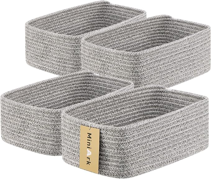 Small Storage Baskets for Organizing | Closet Organizer Bins | Shelf Toy Basket | Woven Rope Baskets | Cube Decorative Box | Shallow Basket | 11.5x7.5x4.7” | 4 Packs Mixed Grey