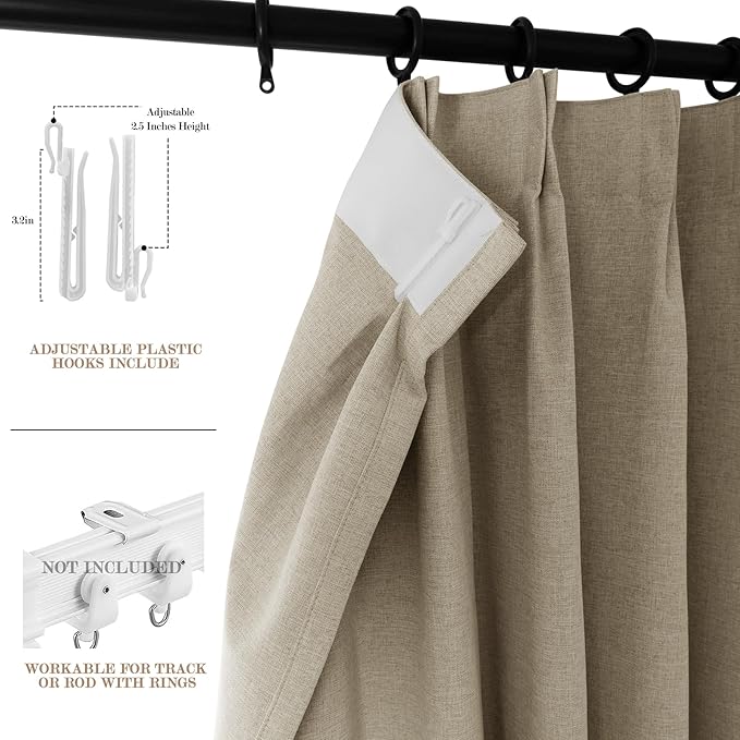 Light Khaki Pinch Pleat 100% Blackout Drapes Linen Blend, Room Divider, Room Darkening, Energy Saving, Furniture Protecting, Light Blocking Extra Wide Privacy Curtains, 200Wx108L, 1 PC