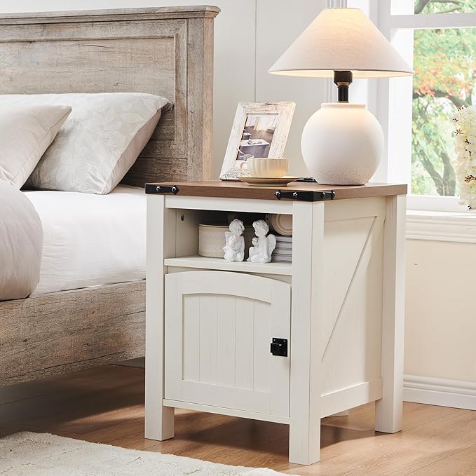 OKD Nightstand with Charging Station Set of 2, 18 Inchs Farmhouse End Table with Adjustable Storage Shelf, Rustic Wood Sofa Side Table for Bedroom