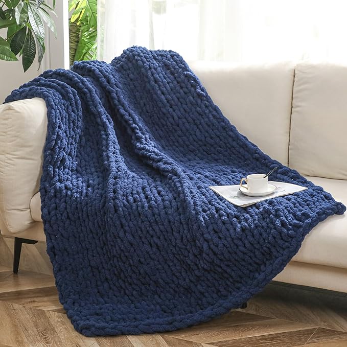 WESHIONGOO Chunky Knit Blanket Throw 50"×60" Knitted Throw Blankets for Couch Bed Fluffy Soft Blanket with Jumbo Chenille Yarn Thick 100% Handmade (Navy Blue)