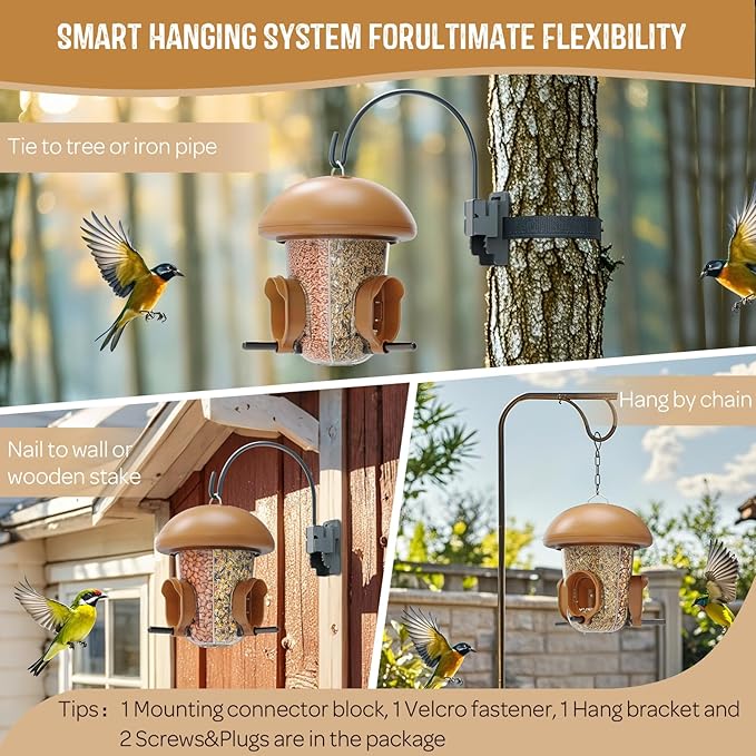 LONA Bird Feeders for Outdoors Hanging – 3 Separate Compartments, 3 Feeding Ports, Weatherproof Dome & 3 Ways to Hang, Large Capacity for Cardinals/Finches (Brown