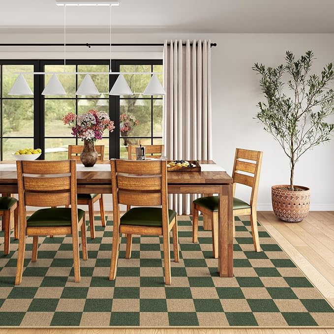 Lahome Checkered Easy Jute Dining Room Rug, 5x7 Indoor Outdoor Rugs for Patio Living Room, Neutral Checkerboard Non Slip Low Pile Green Carpet for Bedroom Office Backyard