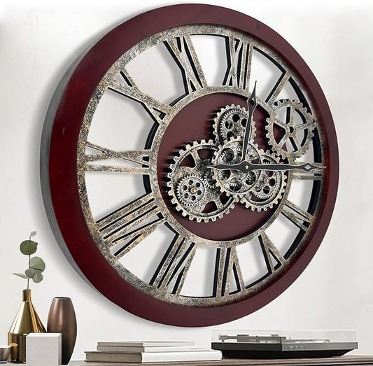 The B-Style Large Wall Clock 24 inch Moving Gear Wall Clock Oversized Vintage Farmhouse Wall Clocks for Living Room Decor Rustic Industrial Wood Clock (Walunt Wood and Bronze)