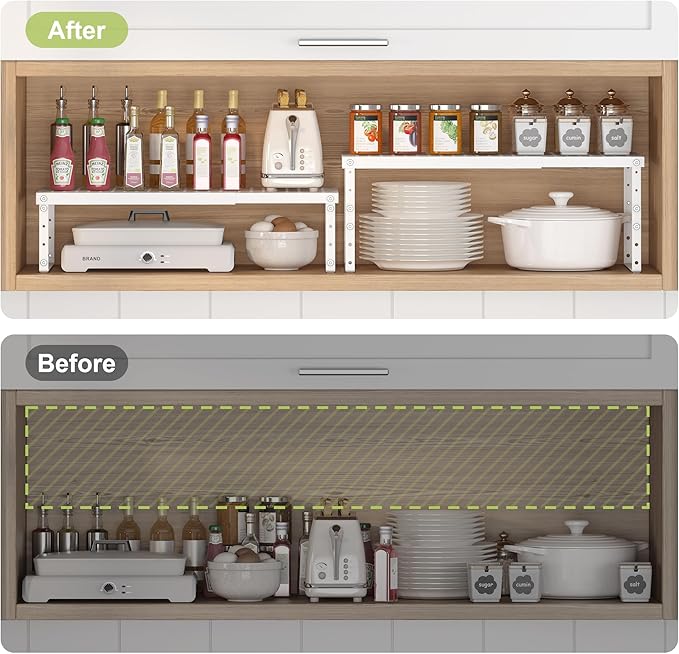 Expandable Cabinet Organizer Shelf With Adjustable Height, Stackable Kitchen Countertop Organizer Rack, Adjustable Shelf Riser For Kitchen Counter, Pantry, Cupboard, Desk, Tabletop