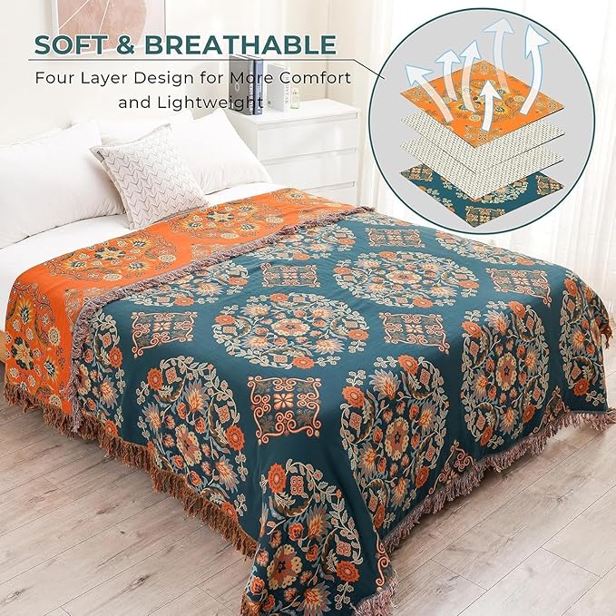 Throw Blanket for Couch Bed Chair,100% Cotton Soft Lightweight Blanket Rustic Quilt -Orange Floral Printed Farmhouse Decor Bed All Season Blankets,80"×90"