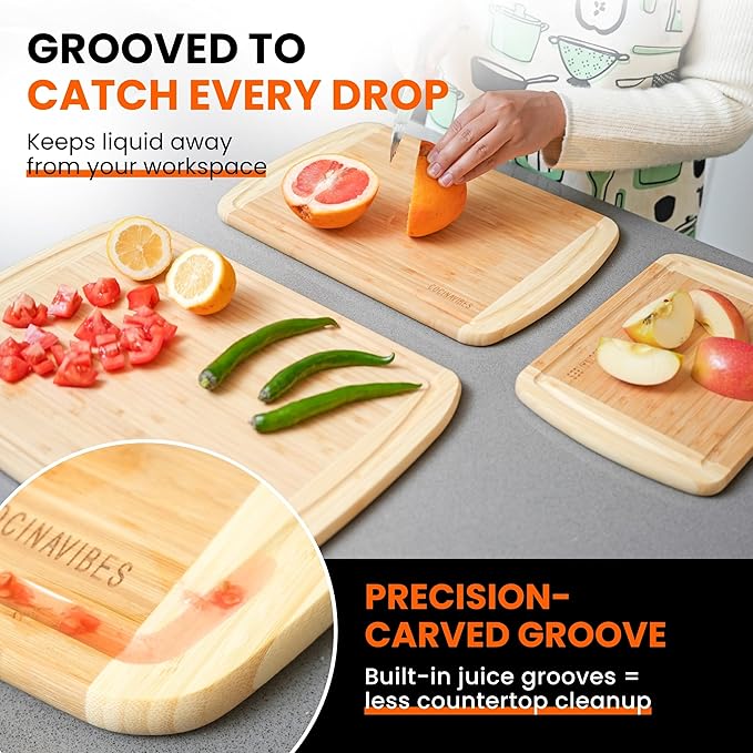Bamboo Cutting Board Set – Charcuterie & Chopping Boards for Kitchen, Large & Small Sizes, Safe Cutting Boards for Meat, Cheese, Pizza – Home & Kitchen Gift Idea