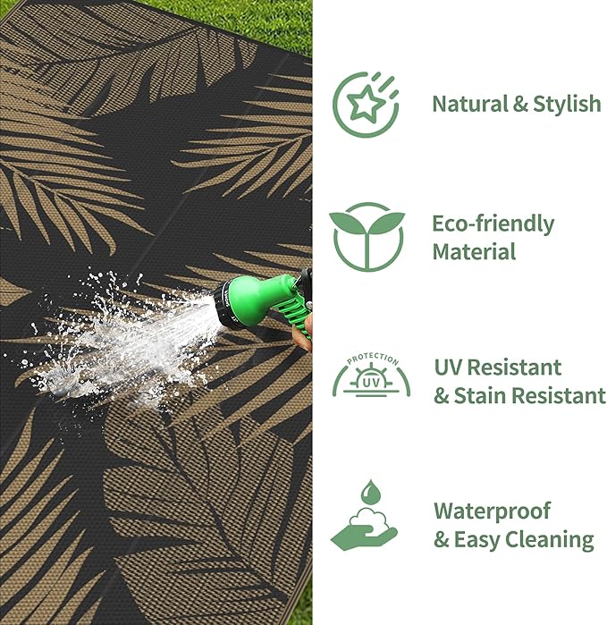 GENIMO Outdoor Rug 4' x 6' Waterproof for Patios Clearance, Reversible Outdoor Plastic Straw Camping Rug Carpet, Large Area Rugs Mats for RV, Camper, Deck, Balcony, Porch, Beach, Picnic, Black&Brown
