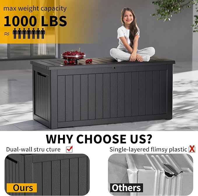 270 Gallon Outdoor Storage Box Waterproof Lockable Resin Deck Box Large, Patio Storage Bin for Pool Accessories Cushion Furniture, Garden Tools, UV-Resistant Outside Delivery Black