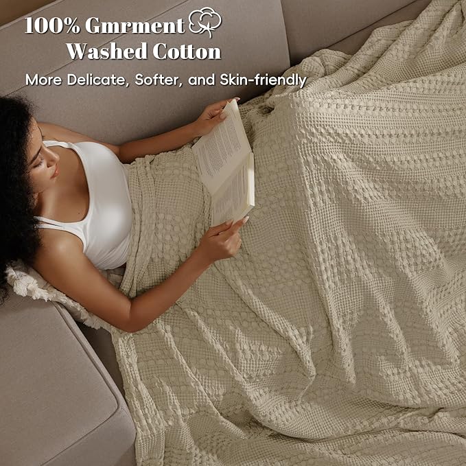PHF 100% Cotton Waffle Weave Blanket Twin Size, Soft Lightweight Breathable Cozy Summer Blankets for Bed, Luxury Aesthetic Woven Bedding for Home Decor, 66"x90", Khaki
