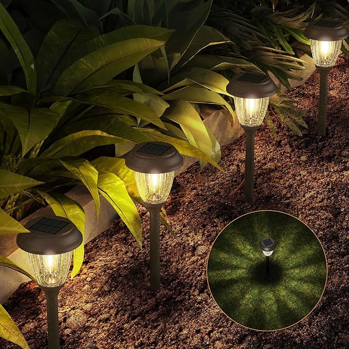 XMCOSY+ Solar Lights Outdoor 10/25 LM LED with 2 Lighting Modes, Solar Garden Lights Glass and Metal, IP65 Waterproof Solar Powered for Yard Pathway Walkway Driveway Patio (6 Pack, Warm White)