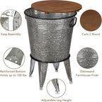Rustee Rustic Storage Farmhouse Accent Side Table,Antique Galvanized Metal End Coffee Cocktail Table Box Bin with Round Wooden Lid Set of 2 (Galvanized),HC2009WT,One size