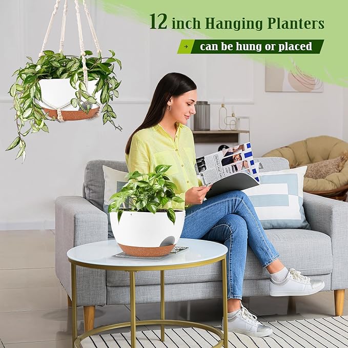Hanging Planters for Outdoor Indoor Plants, 2 Pack 12 Inch Hanging Basket Plants Outdoor, Self Watering Hanging Planter with Plant Hanger for Garden Home Decoration (2 Type Plant Hangers White)