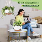Hanging Planters for Outdoor Indoor Plants, 2 Pack 12 Inch Hanging Basket Plants Outdoor, Self Watering Hanging Planter with Plant Hanger for Garden Home Decoration (White)
