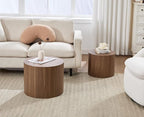 CIMOTA Round Wood Nesting Coffee Table Set of 2, Modern Circle Travertine End Side Table Sets for Living Room, Walnut Wooden Color/No Assembling