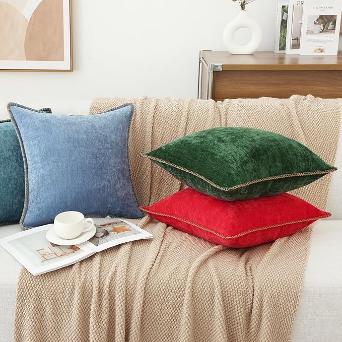 decorUhome Chenille Soft Throw Pillow Covers 20x20 Set of 2, Farmhouse Velvet Neutral Decorative Euro Pillow Covers with Stitched Edge for Couch Sofa Bed Home Decor, Red