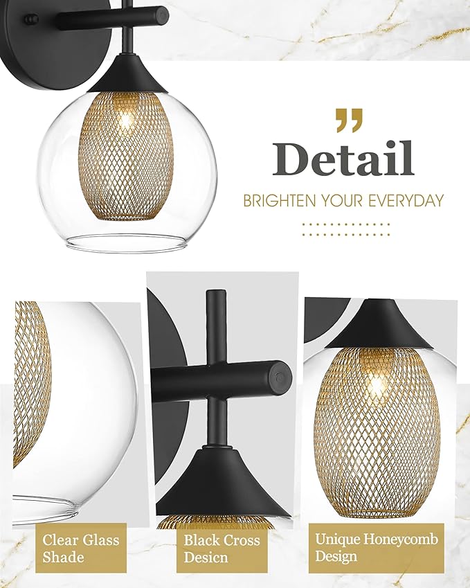 Black Wall Sconce Set of 2, Bathroom Vanity Light Fixture with Clear Glass and Honeycomb Metal Shade, Sconces Wall Lighting for Mirror Bedroom Hallway, AD-22001-1W2-BK