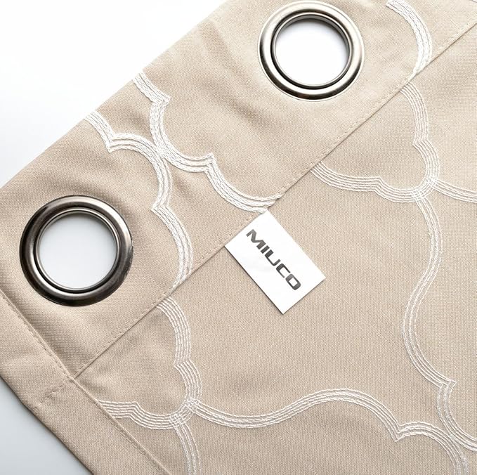 MIUCO Moroccan Embroidered Semi Sheer Curtains Faux Linen Grommet Window Drapes for Living Room 52 x 95 Inch 1 Pair Set, Linen