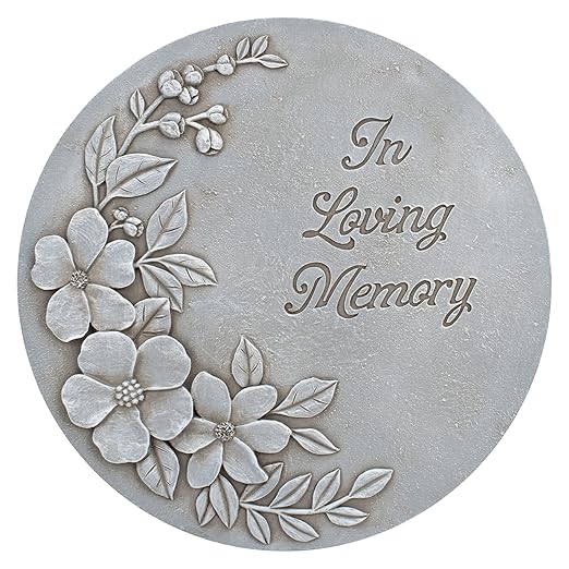 NAT & Jules Flower Blossom and Bud Floral Spray Dimensional Indoor Outdoor 12 inch Round Cast Resin Decorative Garden Stepping Stone, Patio, Walkway Sculpture Yard Art, in Loving Memory Stone Grey