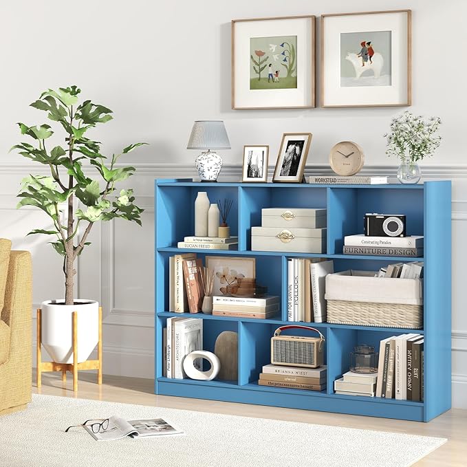 Tangkula 8-Cube Bookcase, Wood 3 Tier Open Storage Bookshelf, Modern Multipurpose Display Cabinet for Living Room, Study, Reading Nook, 48 x 12.5 x 36.5 Inch (Bright Blue)