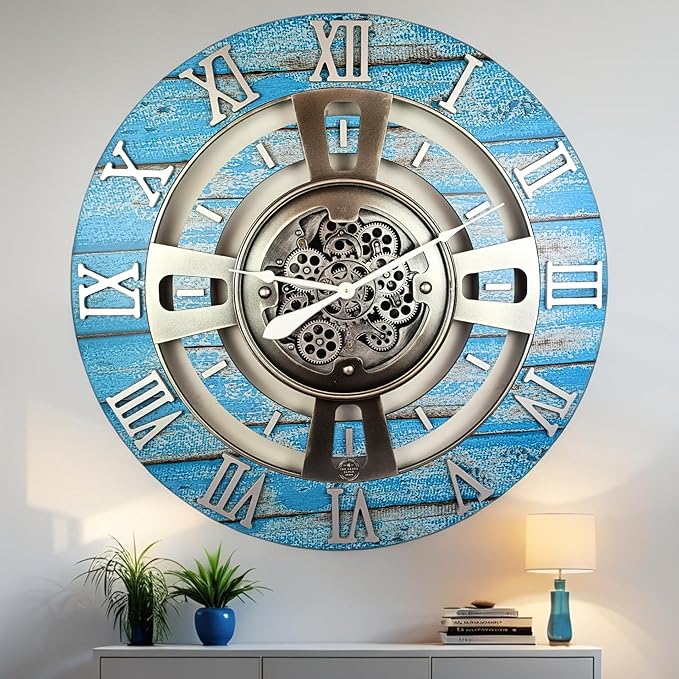 The Gears Clock Real Moving Gear Wall Clock England Line (Ocean Blue, 36 inches (90 cm))