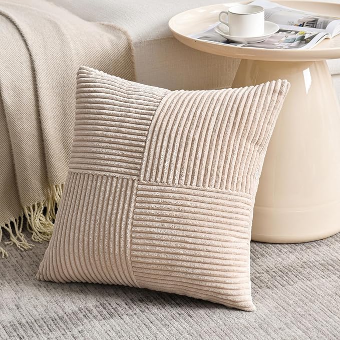 Fancy Homi 2 Packs Tan Big Decorative Throw Pillow Covers 24x24 Inch for Living Room Couch Bed Sofa, Farmhouse Boho Home Decor, Soft Corss Corduroy Patchwork Accent Square Beige Cushion Case 60x60 cm