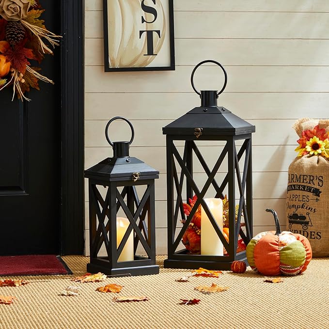 Glitzhome Modern Farmhouse Wooden Lantern Hanging Decorative Candle Lantern for Outdoor & Indoor Black Set of 2 (No Glass)